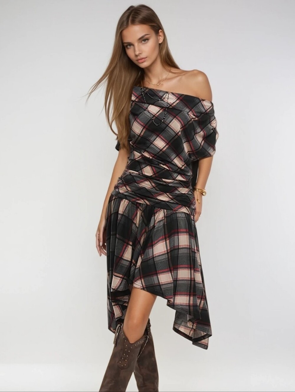 Innovare Denim Waldo Grid One Shoulder Asymmetric Midi Dress Size Large